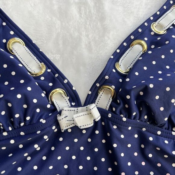 One Piece Halter Top Swimsuit Retro Pinup Style Blue and White Polka Dot Size Me - Picture 4 of 14